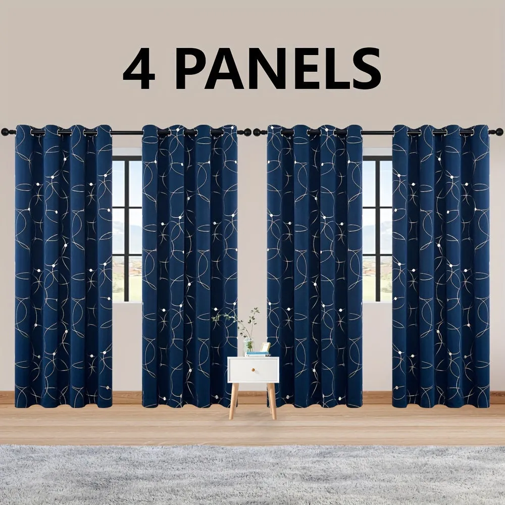 4 Blackout Curtains With Perforated Top Window Treatment, Perfect For Ultra Wide Windows, Triple Weave Design, With Circular And Circular Dots, Used For Bedrooms